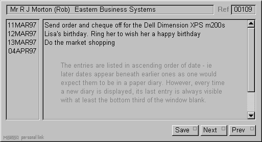 The event diary window of the EBS Personal Link application.