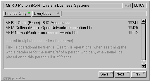 The friends and associates list window of the EBS Personal Link application.