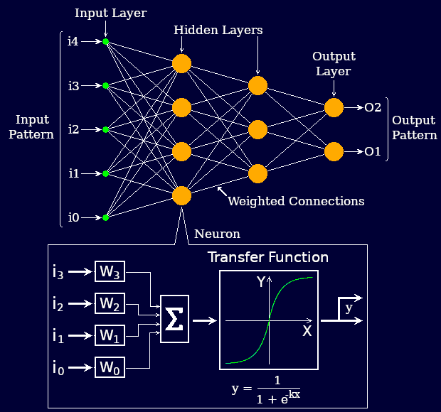 Internal structure of a typical multi-layer perceptron network.