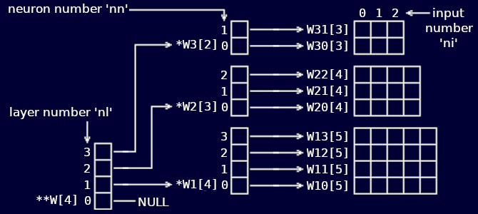 Using pointers to access the weight for a given neuron within a given layer.