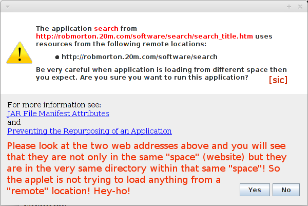 Erroneous and inappropriate warning message about an applet.